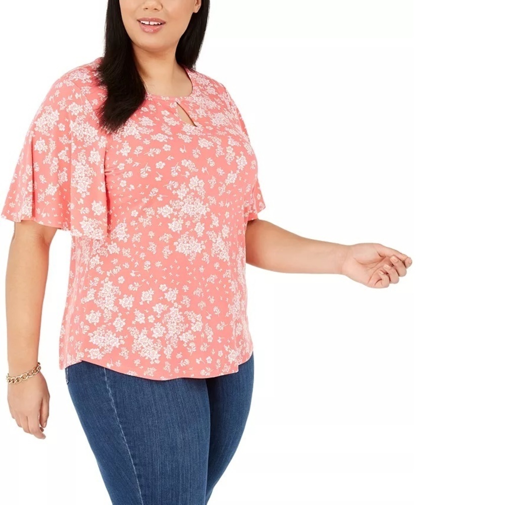 Charter Club Women's Plus Size Printed Flutter-Sleeve Top Red Size 2X